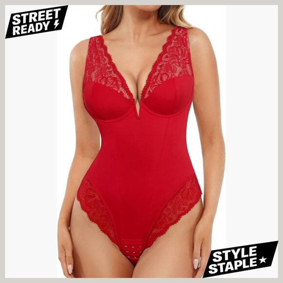 Lace Shapewear Bodysuit Deep V Neck Tummy Control Adjustable Straps 3X-Large